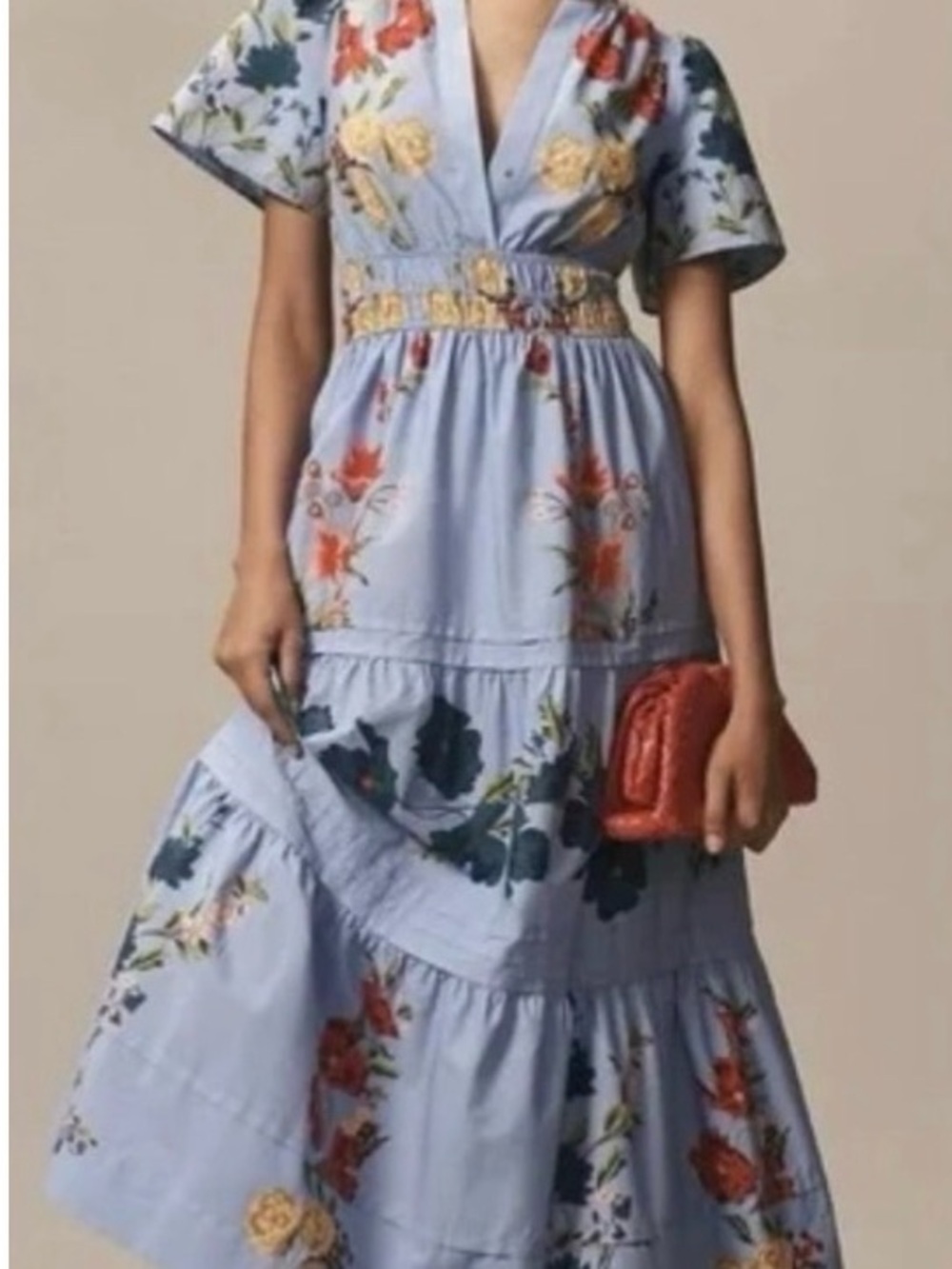 Light Blue Floral V-Neck Tiered Maxi Dress